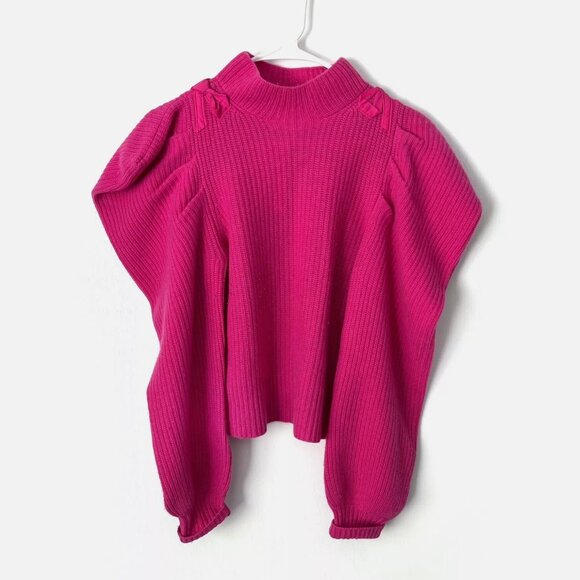 LoveShackFancy 100% Cashmere Potter Pullover Puff Sleeve Bow Detail Pink Sweater - Picture 7 of 11